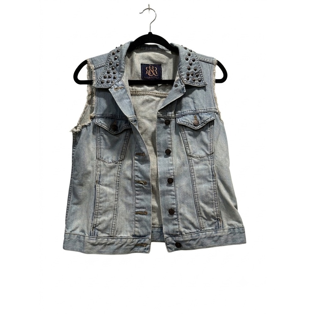 Rock & Republic Gunshow Studded Denim Vest Light Wash Blue Distressed Medium